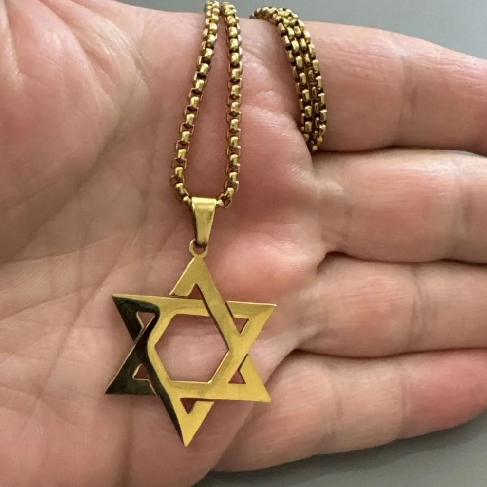 Stainless Steel Hebrew Jewish Israel Star of David Pendant 24” Chain Gold Unisex